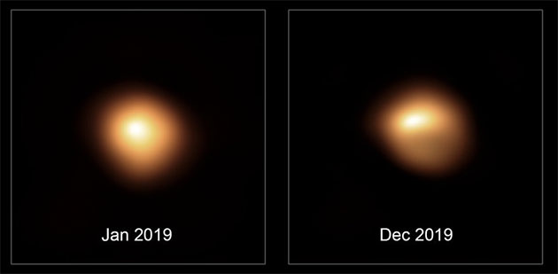 Hochaugelöste Aufnahmen der SPHERE-Kamera der Europäischen Südsternwarte (ESO) zeigen den Roten Riesenstern Beteigeuze und belegen die Helligkeitsverteilung im sichtbaren Lichtspektrum auf der Oberfläche vor und während seines Helligkeitseinbruchs. Aufgrund der Asymmetrie schließen die Autoren auf die Existenz von riesigen Sternflecken. Copyright: ESO/M. Montargès et al.