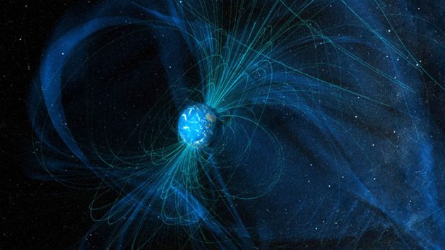 Grafische Darstellung der Feldlinien des heutigen Erdmagnetfeldes (Illu.): Copyright: NASA