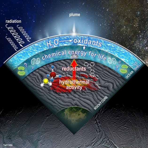 Schaubild anhand eines Querschnitts durch den Saturnmond Enceladus mit einer Zusammenfassung jener aktuell modellierten Prozesse im Innern des verborgenen Ozeans: Oxidantien werden im Wasser produziert, wenn Wassermoleküle durch kosmische Strahlung aufgebrochen werden und sich mit von hydrothermaler Aktivität am Ozeanboden erzeugten Reduktionsmitteln sowie der Wechselwirkung zwischen Wasser und Fels zu Nährstoffen potenziellen Lebens im Enceladus-Ozean verbinden (Illu.). Copyright: SwRI