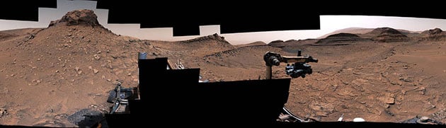 360°-Panorama-Blick des Curiosity-Rovers auf „Markers Band“. (Klicken Sie auf die Bildmitte, um zu einer vergrößerten Darstellung zu gelangen.)Copyright: NASA/JPL-Caltech/MSSS