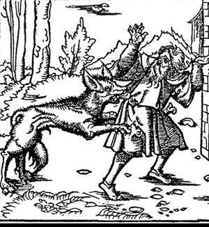 Der Angriff eines Werwolfs in einem Holzschnitt von 1517.Copyright: gemeinfrei