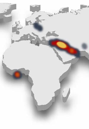 Detailanssicht der Ausschnittsvergrößerung der Weltkarte über „UAP Hotspots“ der AARO.Copyright: AARO/Dept. of Defense/US Gov.