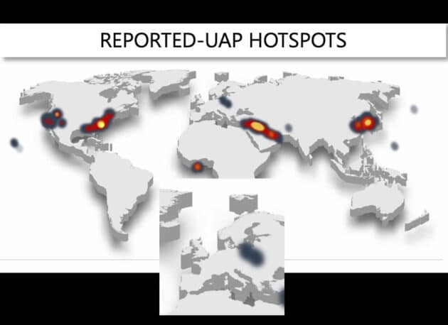 Blick auf die weltweiten Hotspots von UAP/UFO-Sichtungen durch Sensorik der US-Geheimdienste und Militärs. Die Ausschnittsvergrößerung zeigt den europäischen UFO-Hotspot über Polen.Copyright: AARO/Dept. of Defense/US Gov. (bearb. grewi.de)