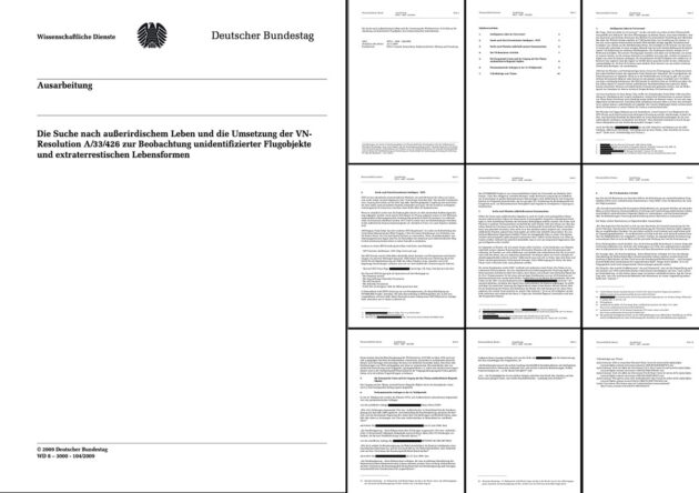 Ansicht der Ausarbeitung WD 8–3000 -104/2009 der Wissenschaftlichen Dienste des Bundestages zum Thema „Die Suche nach außerirdischem Leben und die Umsetzung der VN-Resolution A/33/426 zur Beobachtung unidentifizierter Flugobjekte und extraterrestrischen Lebensformen“ .Copyright: Wissenschaftliche Dienste (WD) Deutscher Bundestag