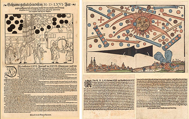 Die Flugblätter über die Himmelsspektakel zu Basel 1566 (l.) und Nürnberg anno 1561.Quelle: Zentralbibliothek Zürich