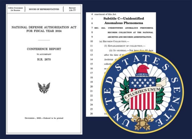 Titel des National Defense Authorization Act 2024 und Beispielsseite des darin eingebetteten „UAP Disclsoure Act“. Copyright: US Senat