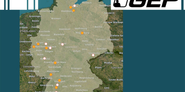 Geografische Übersicht der UFO-Sichtungsmeldungen aus Deutschland an die GEP im Januar 2024. Orangefarbene Punkte markieren bearbeitete, weiße unbearbeitete Meldungen. Copyright: GEP, ufo-forschung.de