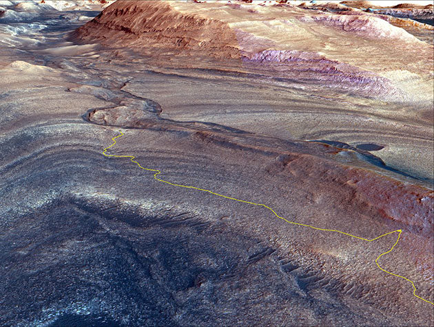 Der Weg des Rovers (gelbe Linie) entlang des Rückens bis zum jetzigen Eingang in das Gediz Vallis.Copyright/Quelle: NASA