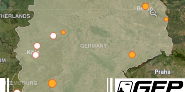 Geografische Übersicht der UFO-Sichtungsmeldungen aus Deutschland an die GEP im Februar 2024. Orangefarbene Punkte markieren bearbeitete, weiße unbearbeitete Meldungen. Copyright/Quelle: GEP, ufo-forschung.de