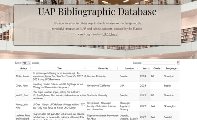 Screenshot der „UAP Bibliographic Database“ auf der Internetseite der „Society for UAP Studies“ (SUAPS).Quelle: www.societyforuapstudies.org
