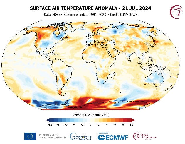 Lufttemperaturanomalien an der Oberfläche am 21. Juli 2024 im Vergleich zum Durchschnitt des Referenzzeitraums 1991–2020. (Klicken Sie auf die Bildmitte, um zu einer vergrößeren Darstellung zu gelangen.)Datenquelle: ERA5, über Climate Pulse. Vorläufige Daten. Quelle: C3S/ECMWF