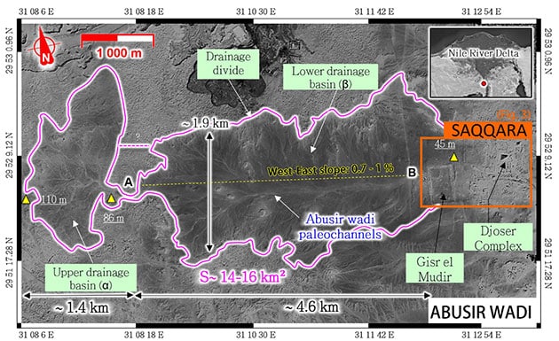 Der von den französischen Archäo-Ingenieuren beschriebene Wasser-Management-Komplex rund um die Djoser-Pyramide von Sakkara.Copyright/Quelle: Landerau et al. ResearchGate 2024