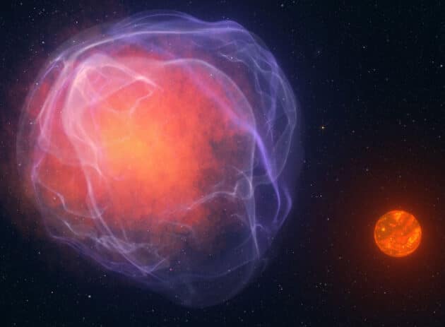 Illustration eines hypothetischen binären Paares, bei dem der Weiße Zwerg als Supernova explodiert (links) und seinen Begleiter, einen L-Unterzwerg, durch die Milchstraße schleudert (Illu.).Copyright/Quelle: W. M. Keck Observatory/Adam Makarenko