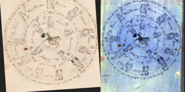 Eine Seite des Voynich-Manuskripts im sichtbaren und im UV-Licht. Copyright/Quelle: Beinecke Llibrary Yale / The Lazarus Project / Manuscript Road Trip