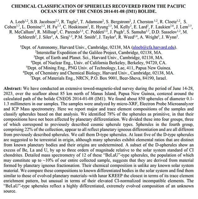 Abstract der in einer kommenden Ausgabe von „Chemical Geology“ erscheinenden Studie.Quelle: The Galileo Interstellar Expedition