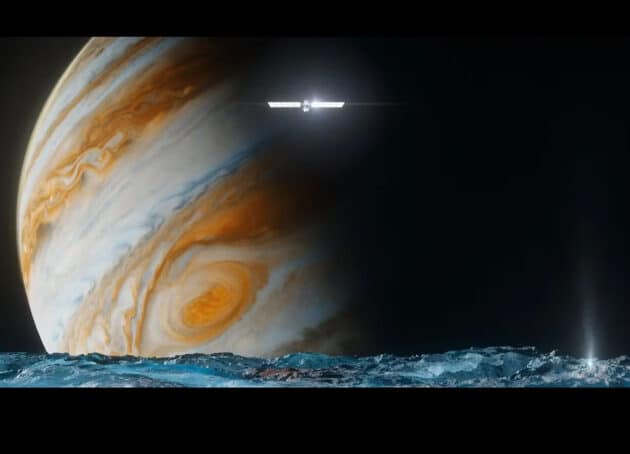 Künstlerische Darstellung der Sonde der „Europa Clipper“-Mission über der Oberfläche des Jupitermondes Europa (Illu.).Copyright: NASA/JPL-Caltech