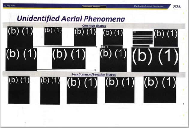 Geschwärzte Inhalte in Veröffentlichung der US-Navy von Unterlagen zu Briefings der US-UFO-Untersuchungseinheit UAPTF.Copyright/Quelle: Dept. of the US Navy