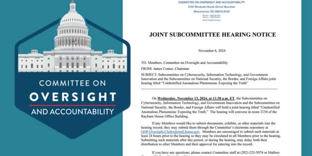 Offizielle Ankündigung und Einladung des „US House Oversight Subcommittee on Cybersecurity, Information Technology, and Government Innovation“ zur UFO/UAP-Anhörung am 13. November 2024 Copyright/Quelle: oversight.house.gov