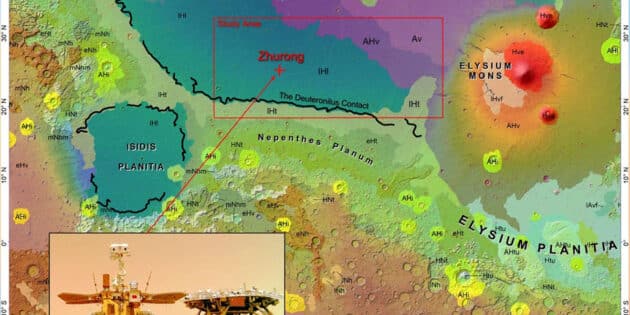 Die schwarze Linie markiert den urzeitlichen Küstenverlauf in der Mars-Region Utopia Planitia und den Einsatzort des chinesischen Rovers Zhurong (Illu.). Copyright: Bo Wu et al., Scientific Reports 2024