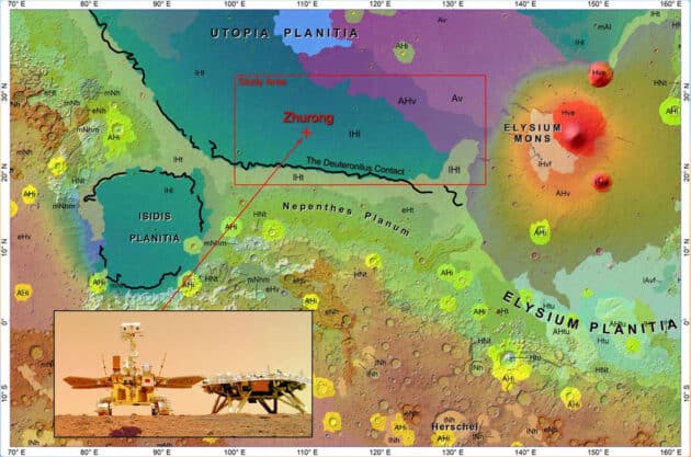 Die schwarze Linie markiert den urzeitlichen Küstenverlauf in der Mars-Region Utopia Planitia und den Einsatzort des chinesischen Rovers Zhurong (Illu.).Copyright: Bo Wu et al., Scientific Reports 2024