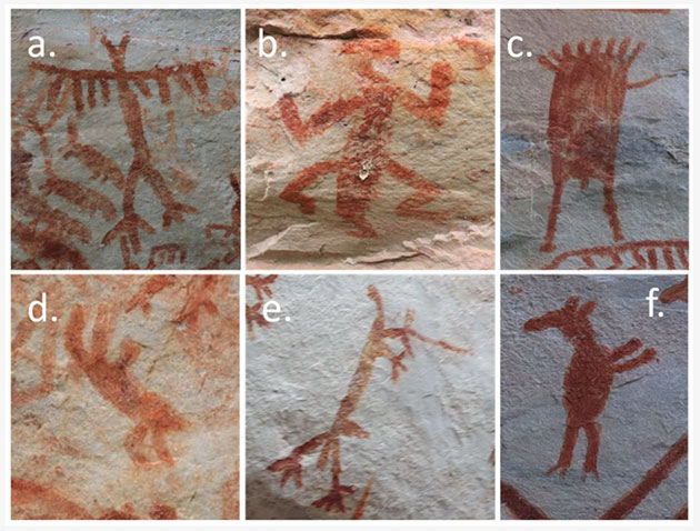 Beispiele therianthropische Darstellungen spiritueller Misch- und Geisterwesen.Copyright/Quelle: Hampson et al., Advances in Rock Art Studies 2024