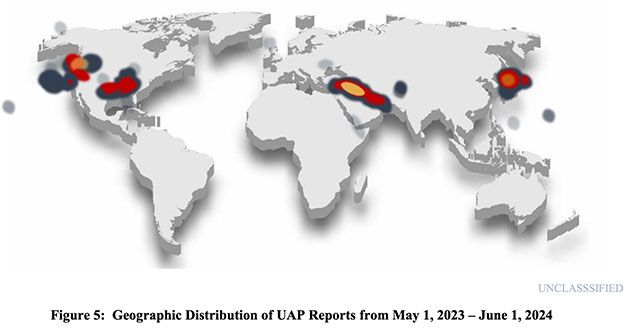 Der weltweite Hotspot-Karte der an AARO gemeldeten UAP/UFO-Sichtichtungen.Copyright/Quelle: AARO/defense.gov